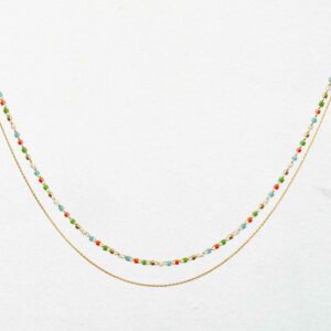 collier double rangs multicolore turquoise, orange, doré, blanc