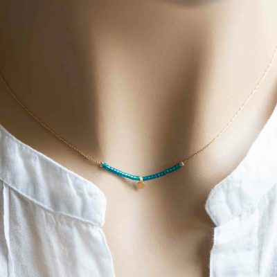 Collier ultra fin bleu turquoise et doré